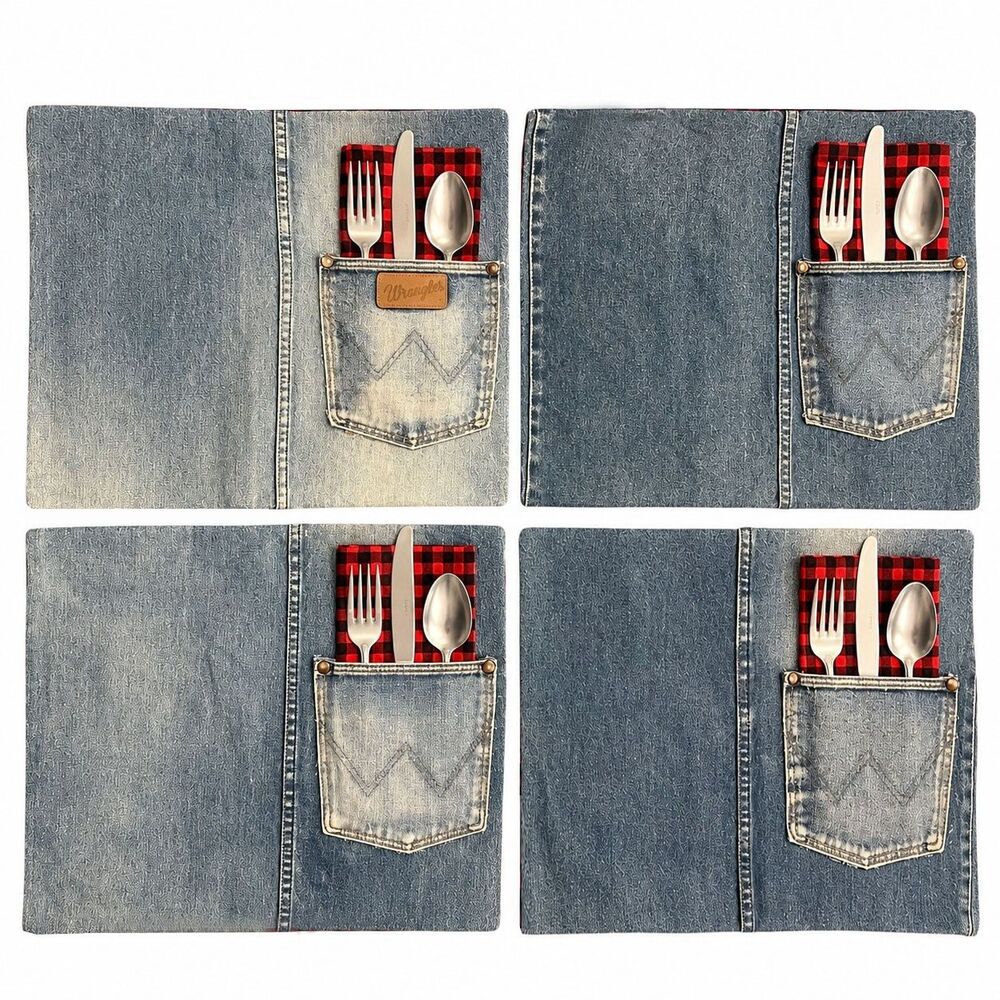 Upcycled Wrangler Denim Jean Placemats w/ Buffalo Plaid Flannel Napkins Set of 4